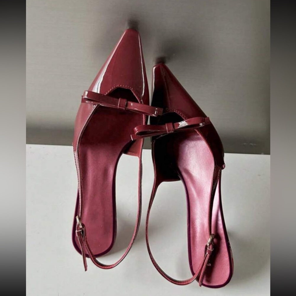 Burgundy dark red patent bow detail slingback heels - Picture 2 of 4